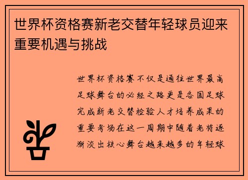 世界杯资格赛新老交替年轻球员迎来重要机遇与挑战